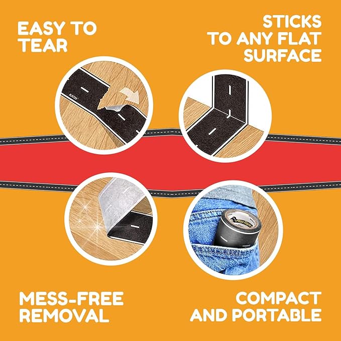 PlayTape Road Tape and Curves for Toy Cars - 1 Roll of 30 ft. x 2 in. Asphalt Road + 1 Roll of 36 Curves