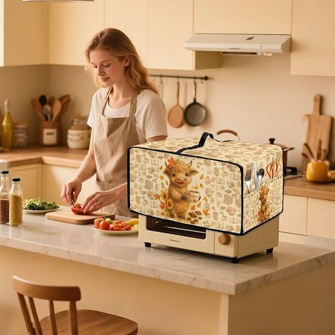 Toaster Oven Dust Cover Dustproof Convection Microwave Ovens Cover Stain-resistant Small Countertop Appliance Protector, S, Highland Cow Coffee Sunflower Fall Decor