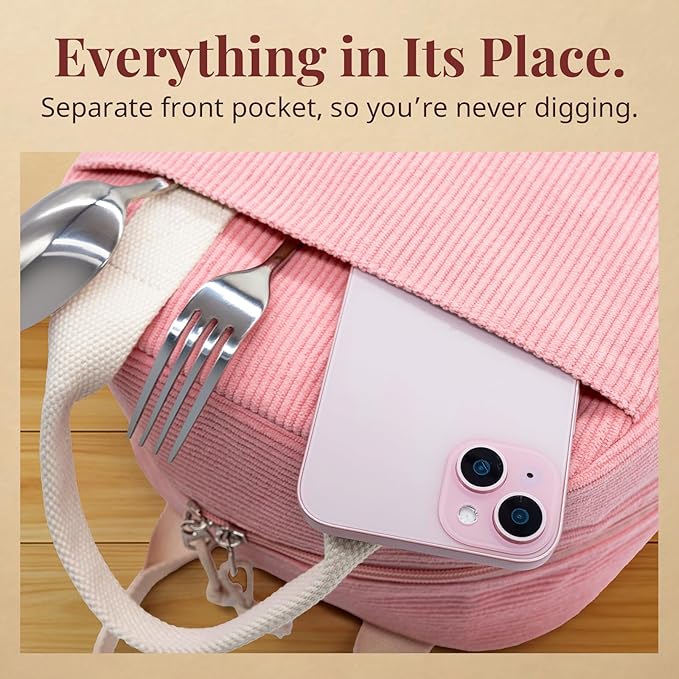 Insulated Sugar Pink Lunch Bag for Women, Stylish Corduroy Tote with Aluminum Lining, Large Capacity Reusable Cooler for Work, Travel, or Beach, Beige Cream Water-Resistant Lunch Box