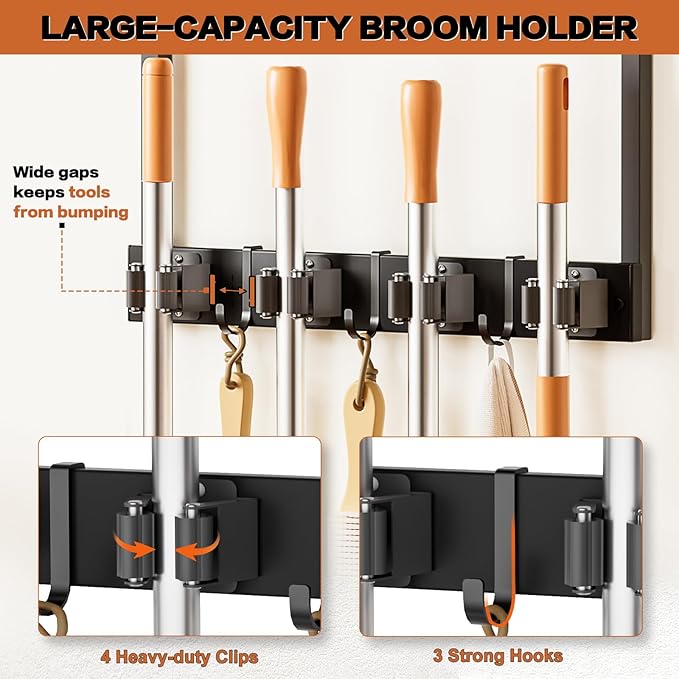 Broom Holder Wall Mount with Cleaning Supplies Organizer, Laundry Room Organization and Storage Shelves, Mop Hanger Broom Rack with Hooks, Home Improvement Kitchen Shelf Garage Organizer