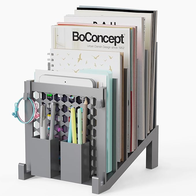 File Organizer for Desk with Storage Box & Hook, Inclined File Organizer with 5-Section Vertical File Holder suitable for Home Office Document Organization (Desk Gray)