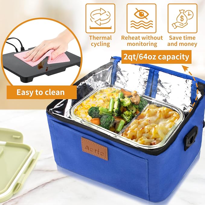 Aotto Portable Oven, Electric Lunch Box Food Heater - 12V/24V/110V 3-in-1 Car Food Warmer - Heated Lunch Box for Adults - Cook, Reheat & Keep Meals Warm for Car, Truck, Travel, Work, Home - Blue