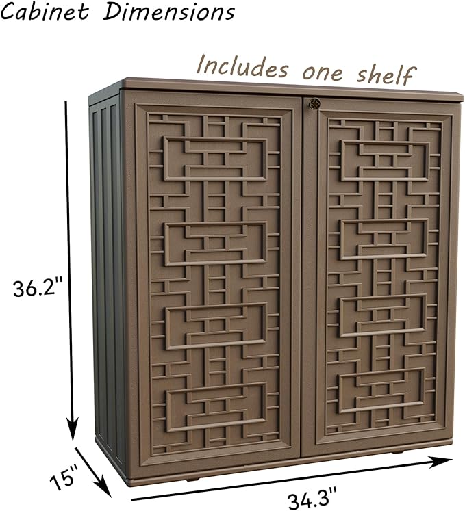 Indoor Outdoor Storage Cabinet Waterproof with 1 Shelf, Plastic Outdoor Storage Cabinets for Patio/Garden/Backyard, Size 34.3''L*15''W*36.2''H(Brown)