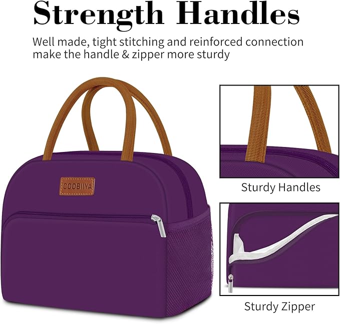 Coobiiya Lunch Bag Women, Lunch Box for Women Adult Men, Small Leakproof Cute Lunch Tote Large Capacity Reusable Insulated Cooler Lunch Container for Work/Office/Picnic/Travel-Purple