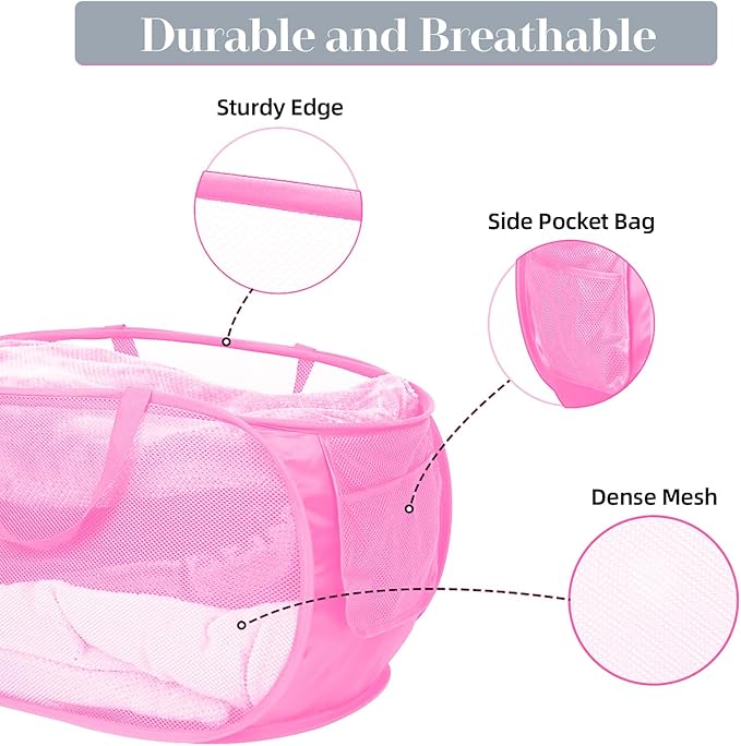 Durable Collapsible Laundry Baskets, Mesh Pop Up Laundry Hamper with Side Pocket, Foldable Clothes Storage Hamper with Reinforced Carry Handles for Laundry, Bathroom, Kids Room, Dorm or Travel Pink