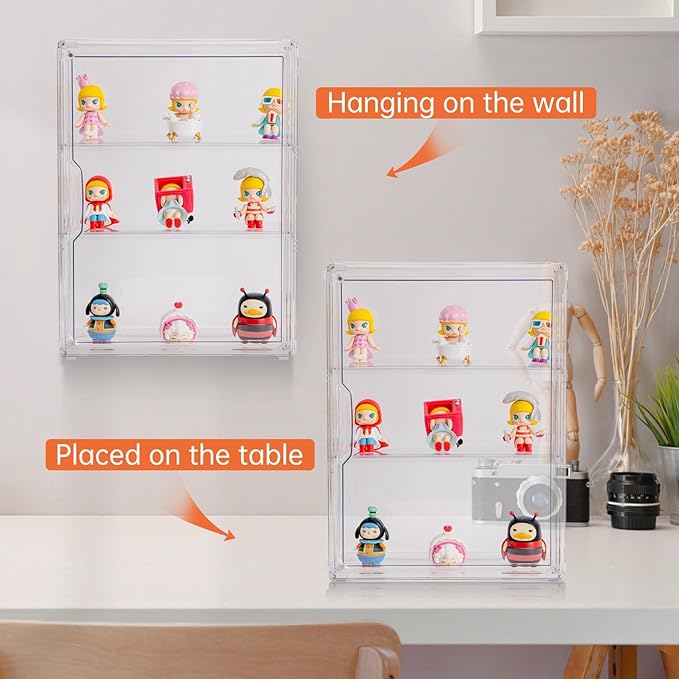 BOHOIDEE 3 Tiers Clear Display Case for Figures, Acrylic Storage Organizers Box with Magnetic Door, Wall-Mounted Dustproof Showcase for Collectibles Action Figure
