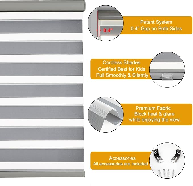 Persilux Cordless Zebra Blinds for Windows Shades (35.5" W x 64" H, Grey) Dual Layer Fabric Light Control for Day and Night Room Darkening Sheer Roller Shades for Home, Bedroom and Office