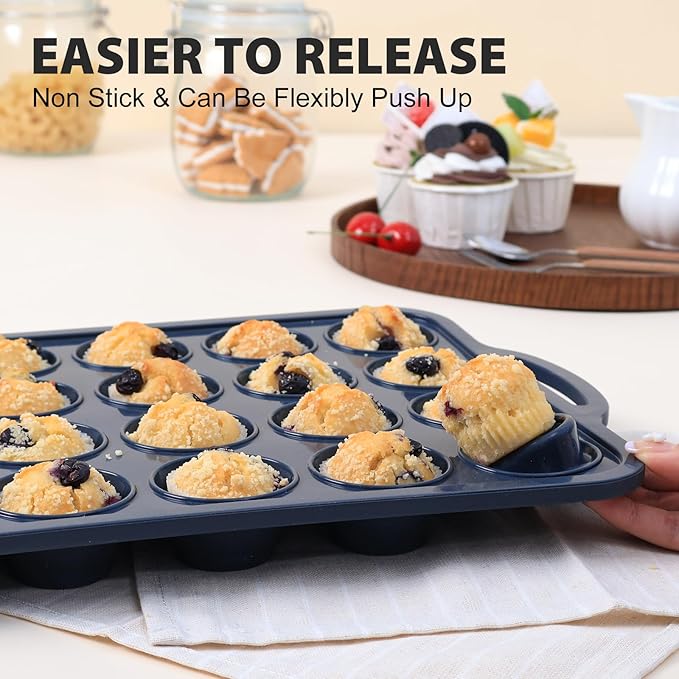 2 Pack Mini Silicone Muffin Pan with Metal Frame, Non Stick Silicone Cupcake Pan with Handles 24 Cup, BPA Free Silicon Muffin Tin Tray Small for baking, egg bites, Cupcake Mold Grey