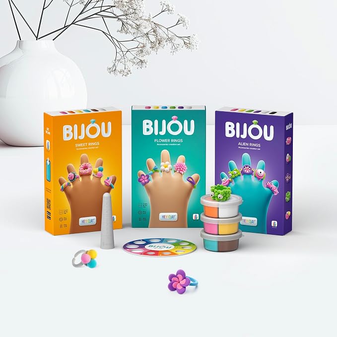 HEY CLAY Bijou - Clay Kit for Accessories Creation - Air Dry Clay with Tools and Fun Interactive App for Kids 3+ (Alien Rings)