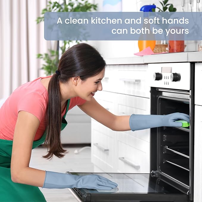 Rubber Cleaning Gloves for Dishwashing, 4 Pairs Reusable Kitchen Gloves for Washing Dishes and Household Cleaning, Blue Dish Gloves with Flocked Lining and Non-Slip Grip, Pefect for Woman Men - S