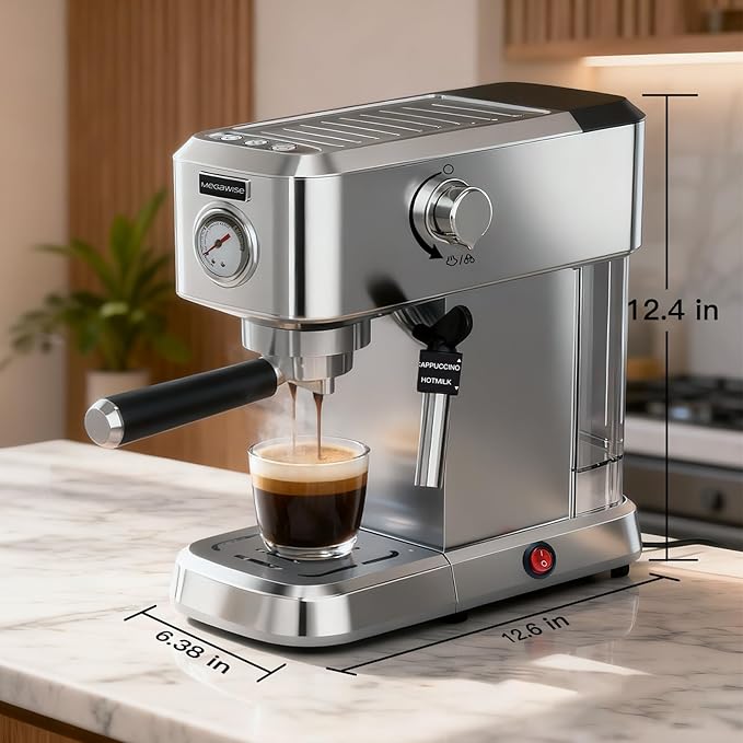 MEGAWISE Espresso Machine 20 Bar, Compact Stainless Steel Coffee Maker with Steam Milk Frother & Removable Tank for Cappuccino, Latte - Silver