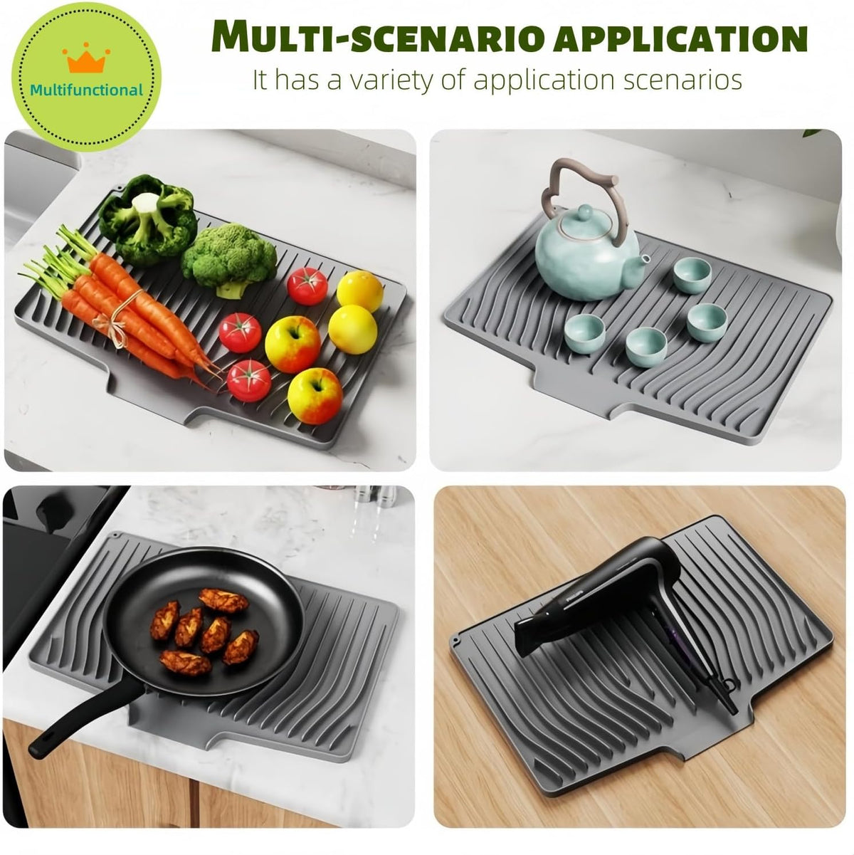 CIEO Silicone Dish Drying Mat for Kitchen Counter, Slope Fast Self-Draining, Non-Slip Drain Pad, Easy Clean Countertop Protection Mat, Multiple Use for Dishes Drying Rack（18.9"x 13.58",Gray）