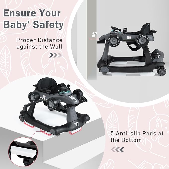 BABY JOY 4-in-1 Baby Walker, Foldable Activity Walker with Adjustable Height & Speed, Music, Lights, Anti-Rollover, Toddler Push Walker, Baby Walker with Wheels for Boys Girls 6-18 Months (Gray)