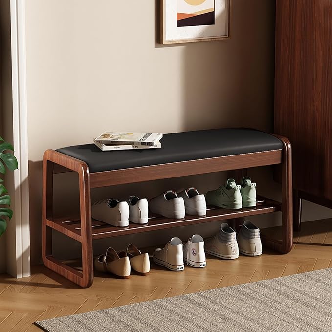 Wooden Shoe Storage Bench with Padded Top Cushion, Two-Tier Wooden Shoe Rack, Suitable for Bedrooms and Living Rooms, Black Walnut(39.4'')