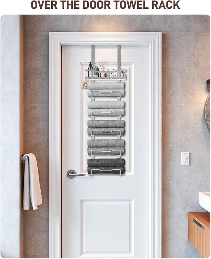 Hanging Towel Racks for Bathroom No Drill - Over The Door 6-Tier Bath Towel Storage Organizer for Small Bathrooms-Back Door Large Tiered Towel Holder Hanger for Rolled Towels RV Camper Silver