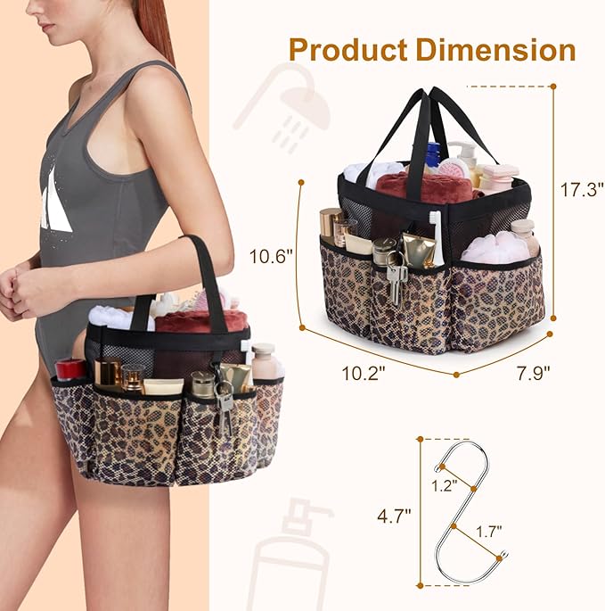 F-color Shower Caddy Portable - Mesh Shower Bag Basket Tote for College Dorm Room Essentials Bathroom Gym Camp Quick Dry for Women Men with S Hook, Leopard