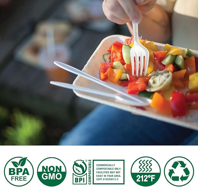 100%Compostable No Plastic Knives Forks Plastic Spoons Disposable Utensils, The Heavyweight Heavy Duty Flatware is Eco Friendly Products for Lounge Party Wedding BBQ Picnic Camping [360 Count]