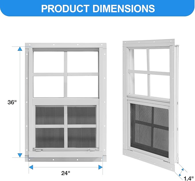 NeatiEase Upgraded Shed Windows 2 Pack, 24" x 36" Windows with Tempered Glass and Stainless Steel Screen for Shed, Chicken Coop, Playhouse, Household, Garage(White)
