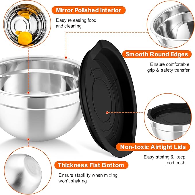 TeamFar Mixing Bowls with Airtight Lids, 5PCS Stainless Steel Metal Salad Bowl with 3 Grater Attachments, for Cooking, Prepping, Serving, Healthy & Easy Clean - 0.7/1/1.5/2.6/4.6QT, Black