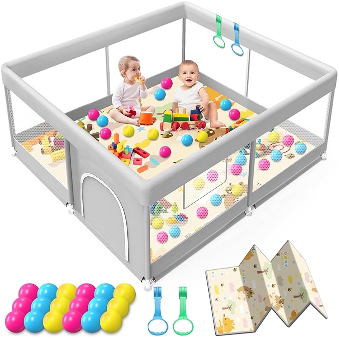 Baby Playpen with Mat 50x50 Inch, Playpen with Colorful Ball for Babies and Toddlers, Baby Play Pen Pin Indoor Play Fence (Mat and Ball Included)