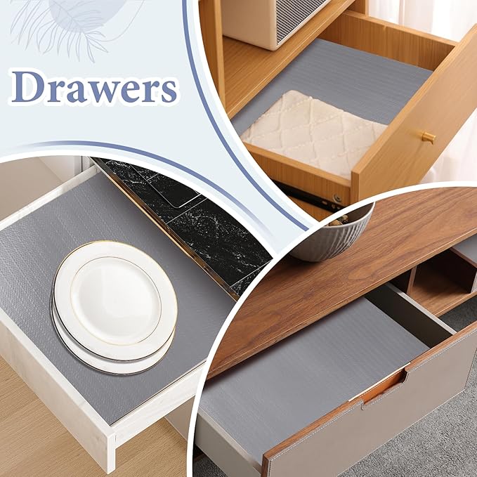 Drawer and Shelf Liner for Kitchen Cabinet: 12 in X 30 Ft Non Slip Waterproof Shelf Paper Non Adhesive Refrigerator Liners Gray Easy Liners for Bathroom Cupboard with Knife Tape Measure