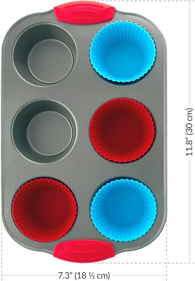 Boxiki Kitchen Premium Baking Set: Non-Stick Steel Jumbo 6 Cup Muffin Pan with Silicone Handles & Reusable Liners + Non-Stick Steel Banana Bread Pan with Easy-Grip Silicone Handles.
