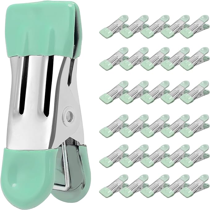 Clothes Pins Heavy Duty 30 Pack - 2.17 Inch Metal Chip Clips, Clothespins for Photo Drying Clothesline Laundry Sock, Bag Clips for Food Kitchen Stainless Steel with Rubber, Light Green