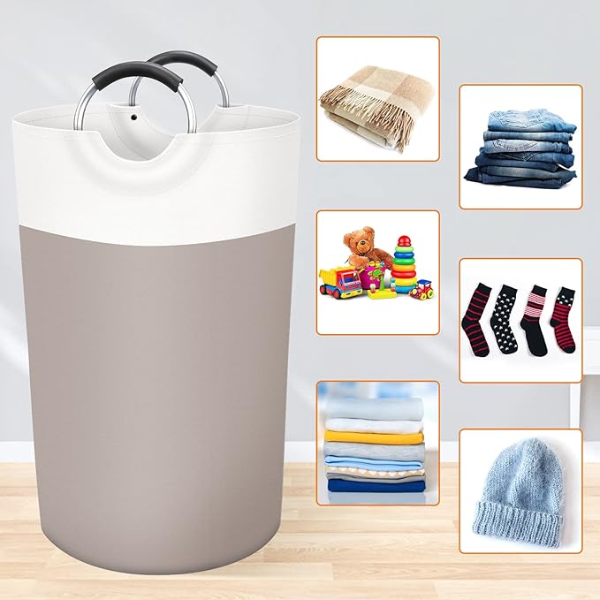 BlissTotes 90L Laundry Basket, Freestanding Laundry Hamper, Collapsible Dirty Clothes Hamper, Waterproof Fabric with Foam Protected Aluminum Handles for College, Dorm, Family (Brown)