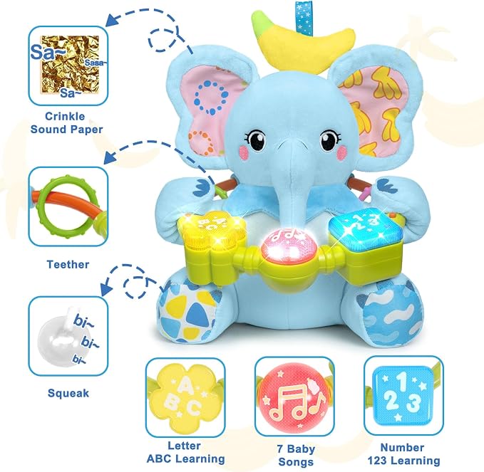 Baby Elephant Musical Stuffed Animals Toy with Light-Up Music & Crinkle,Infant Bilingual Early Learning Education Toys,1st Easter Basket Shower Stuffers for 0-3-6-12+ Months Boy Girl Gifts,Blue