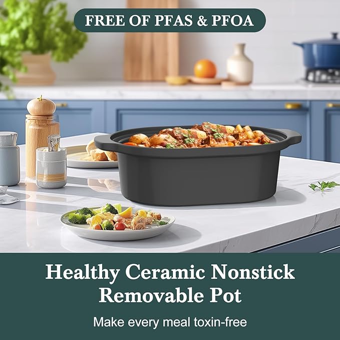 6 Quart Programmable Slow Cooker Removable Healthy Nonstick Pot - Small Kitchen Appliance for Family Dinners - Serves 6+ People - Heat Settings: Keep Warm Olive