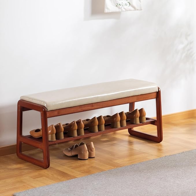 Shoe Rack Bench, Solid Wood Entryway Bench, Shoe Storage with Cushion Seat for Entry, Hallway (Beige-39.4")
