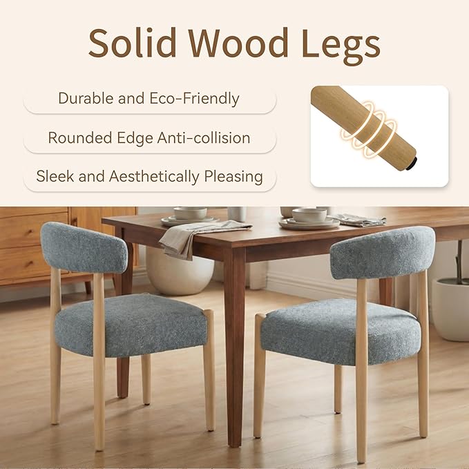 VKNOW Wooden Dining Chairs Set of 4, Modern Upholstered Dining Room Chairs with Rubberwood Legs and Curved Backrest, Fabric Kitchen Chairs for Farmhouse/Living Room/Dining Room, Blue