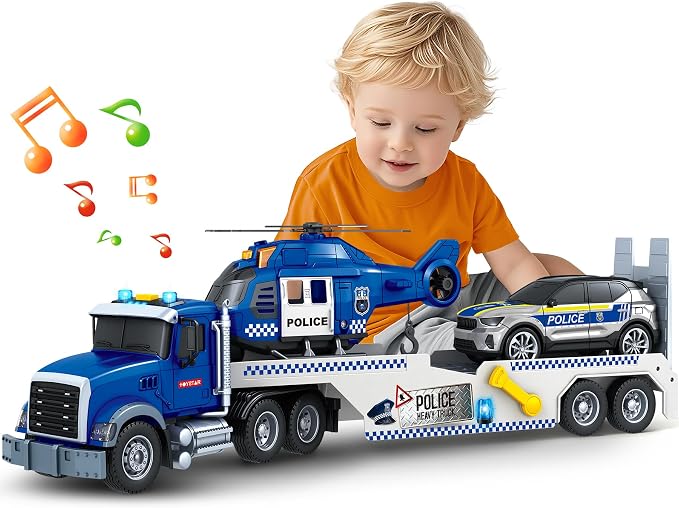 SpringFlower 21" Semi Truck Toy, 3 4 5 6 Year Old Boys Toddlers Police Truck Toy with Racing Car and Helicopter, 3 in 1 Police Car Toy, Birthday Gifts for Kids Child 3 4 5 6 Years Old
