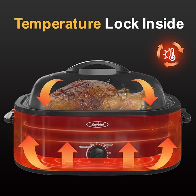 Sunvivi Roaster Oven with Self-Basting Lid,18 Quart Electric Roaster with Removable Pan & Rack,150-450°F Full-Range Temperature Control with Defrost/Warm Function,Stainless Steel,Red
