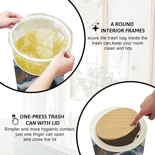 Trash Can with Lid Abstract Agate Blue Gold Seashore Fluid Horizontal Press Top Round Small Garbage Bin with Wooden Legs Waste Basket for Kitchen Bedroom Nursery 7L/1.8 Gallon