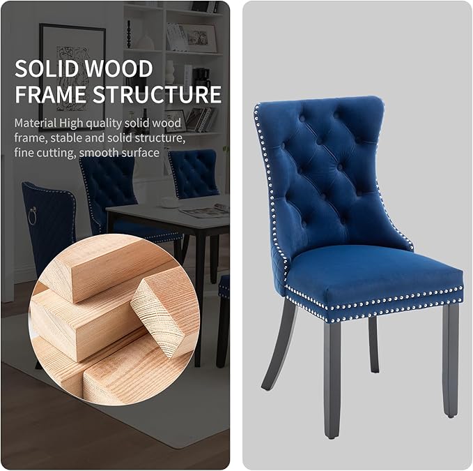 Velvet Dining Chairs Set of 4, Upholstered Dining Room Chairs with Nailhead Trim, Sillas de Comedor Modernas 4, Wooden Kitchen Chairs for Dining Room, Living Room, Kitchen, Bedroom, Blue