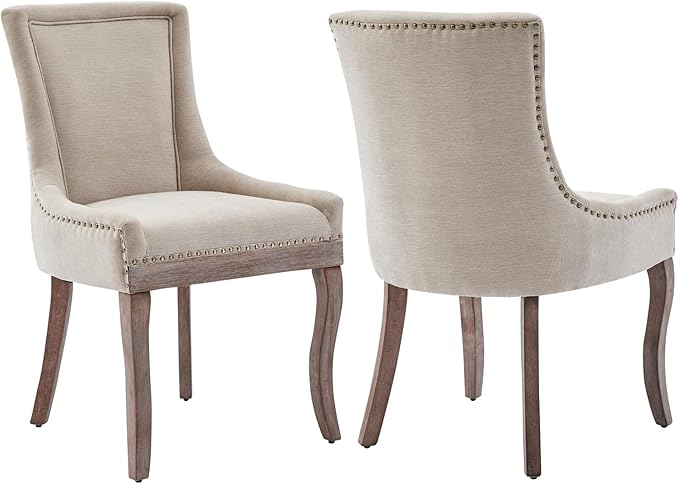 Modern Dining Chairs Set of 2, High Back Dining Chairs Side Chairs with Solid Wood Legs, Upholstered Fabric Dining Room Chairs for Dining Room Kitchen, Beige