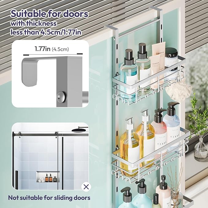 SWTYMIKI Over The Door Shower Caddy - 4 Tier Rustproof Hanging Shower Organizer with Adjustable Shelves, 40 Hooks & Soap Holder, Hanging Shower Rack Storage for Bathroom Accessories, Silver
