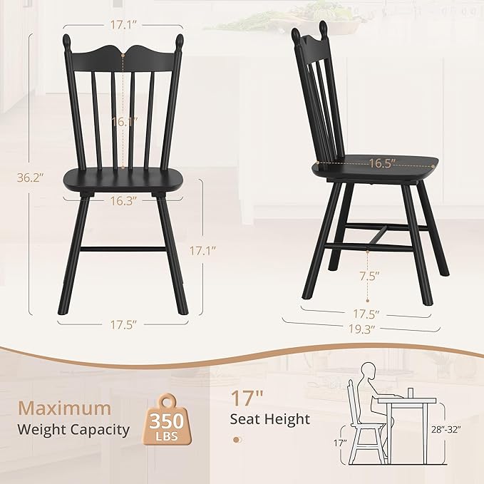 LUE BONA Black Dining Chairs Set of 4, Windsor Wooden Dining Chair with Thickened Backrest, Morden and Mid Century Kitchen Chairs for Dining Room Farmhouse, Weight Capacity 350 lbs