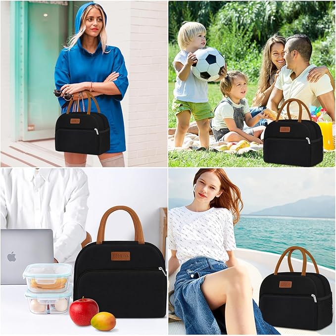 Coobiiya Lunch Box Lunch Bag for Women Men,Reusable Cute Lunch Pail bag,Leakproof,Insulated LunchBox Tote Compact 10L, Cooler Lunch Container for Work Travel Office (Black)