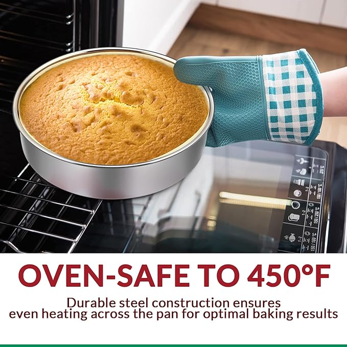 6 Inch Cake Pan Set of 2, E-Far Stainless Steel Round Layer Smash Cake Baking Pans with Parchment Rounds & Side Liner Roll, Non-Toxic & Healthy Metal Cakes Tin, Straight Side & Dishwasher Safe