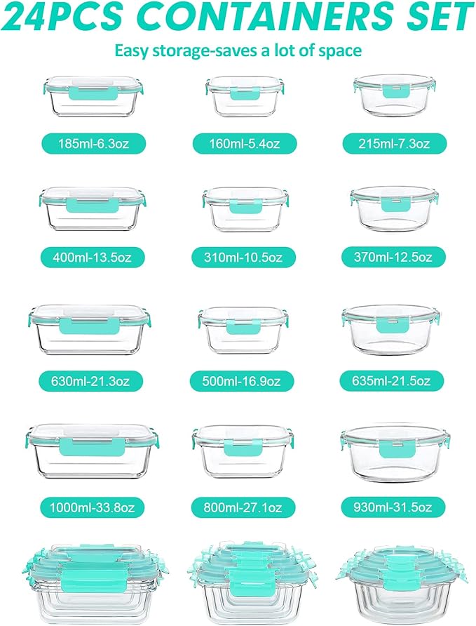 VERONES 12 Packs Glass Food Storage Containers Set, Airtight Glass Lunch Containers, Glass Meal Prep Containers with Lids,Exclusive of BPA, for Microwave, Oven, Freezer & Dishwasher Friendly,Green
