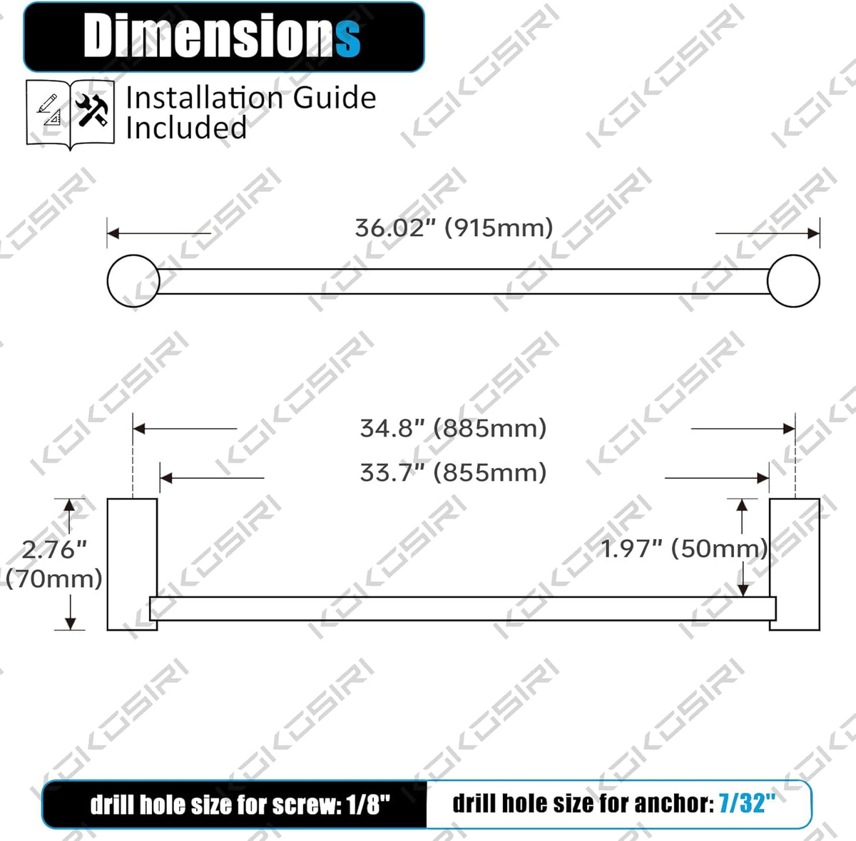 KOKOSIRI Towel Holder Black for Bathroom and Lavatory 36-Inch Towel Bar Single Bath Rack Wall Mounted Stainless Steel Bathroom Hardware, B4007BK-L36