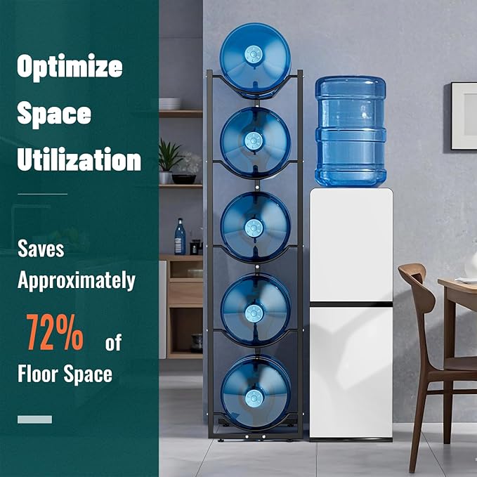 MYLOLF 5 Gallon Water Jug Rack: 5 Tier 5 Gal Bottle Holder Stand for Home Kitchen Garage Office - Saving Space & Black