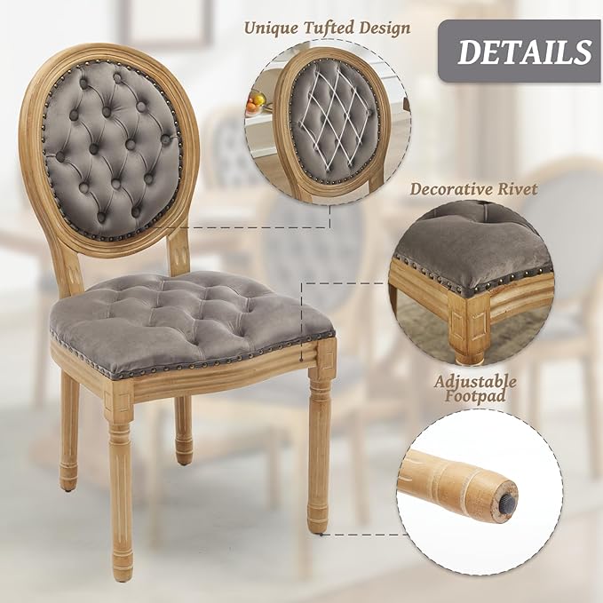 French Country Dining Chairs Set of 4,Farmhouse Upholstered Dining Room Chairs with Tufted Round Back&Solid Leg,Velvet Kitchen Side Chairs for Kitchen/Bedroom/Dining Room,Gray