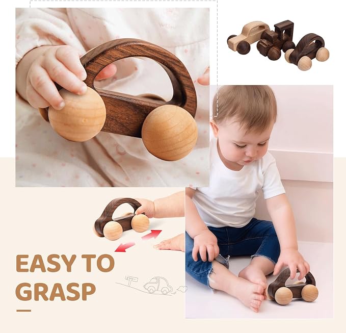 3PCS Wooden Baby Toys, Montessori Toys for Babies 0-6-12 Months, Baby Grasping Toys Push Car Toys for 1 Year Old Boy Birthday Gift,#2