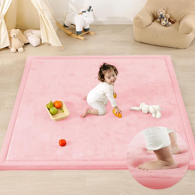 1.3" Thick Baby Play Mat for Floor Playpen, 50x50 Foam Tummy Time Mat, Padded Support Soft Plush Nursery Rug for Infant Kids Toddler Crawling Kick Activity (Pink)