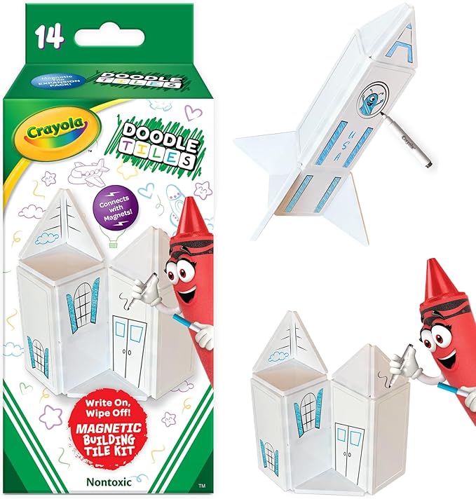 CreateOn Crayola Doodle Magnetic Tiles, Building Set for Kids, Magnetic Building Toys for Kids, STEM Travel Toys for Boys and Girls Ages 3+, 14-Piece Set (Doodle)