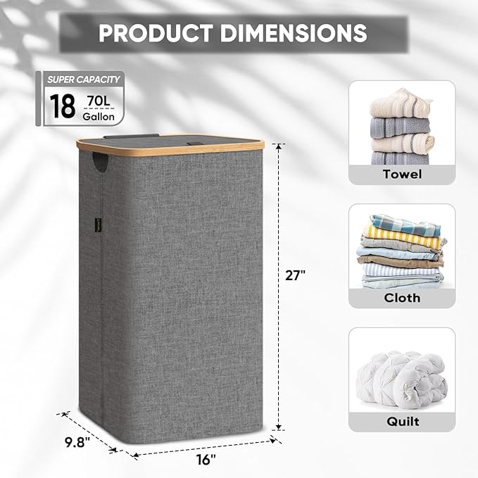 BALEINE Laundry Hamper with Lid, Tall Laundry Baskets with Bamboo Pull Handles, Large Laundry Bin with Internal Support (18 Gal/70L, Grey)