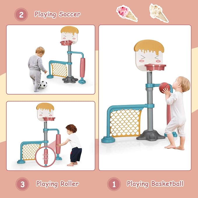 Costzon 3-in-1 Toddler Basketball Hoop & Soccer Goal Stand, Basketball Stand with Adjustable Height, Indoor & Outdoor Activity Center Basketball & Soccer for Kids